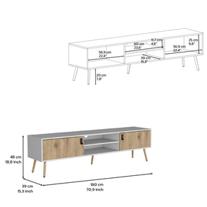 English Elm Toka White+Walnut TV Rack with 2 Hinged Doors, 4 Shelves, Pine Build, Elegant Storage & Stability B097P167454