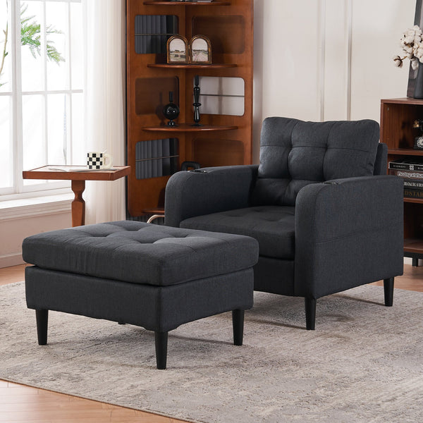 English Elm Dark Gray Tufted Upholstered Armchair with Storage Ottoman, Cup Holders, Side Pocket & Metal Frame W1901P149126