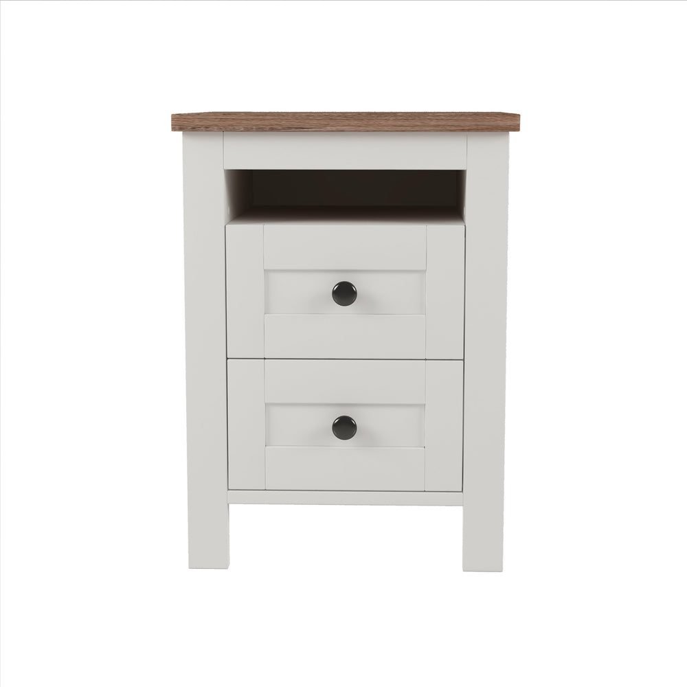 English Elm 2-Drawer Farmhouse Nightstand with Spacious Storage, Weathered White-Brown Wood Side Table, Durable Elegance WF317945AAK