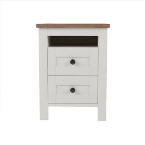 English Elm 2-Drawer Farmhouse Nightstand with Spacious Storage, Weathered White-Brown Wood Side Table, Durable Elegance WF317945AAK