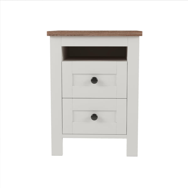 English Elm 2-Drawer Farmhouse Nightstand with Spacious Storage, Weathered White-Brown Wood Side Table, Durable Elegance WF317945AAK