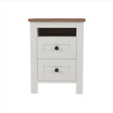 English Elm 2-Drawer Farmhouse Wooden Nightstand With Well-Proportioned Design and Sleek Lines, Wood Side Table With Storage Cabinet For Bedroom, White+Brown