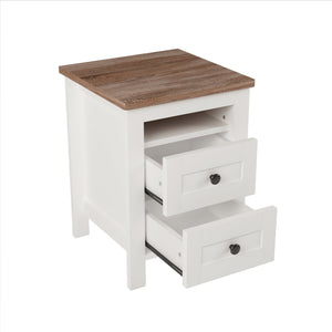 English Elm 2-Drawer Farmhouse Nightstand with Spacious Storage, Weathered White-Brown Wood Side Table, Durable Elegance WF317945AAK