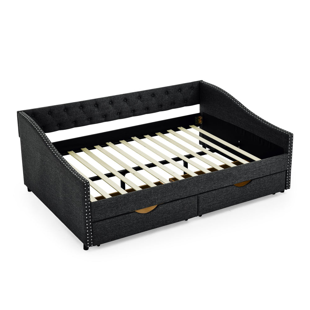 English Elm Full Size Daybed With Drawers - Elegant Tufted Sofa Bed, Copper Nail Trim & Space-Saving Design W1413S00032