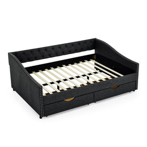 English Elm Full Size Daybed With Drawers - Elegant Tufted Sofa Bed, Copper Nail Trim & Space-Saving Design W1413S00032