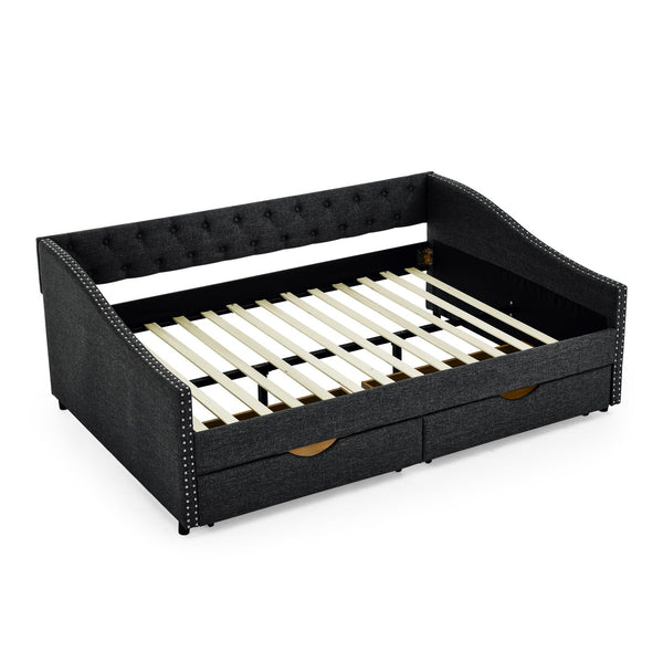 English Elm Full Size Daybed With Drawers - Elegant Tufted Sofa Bed, Copper Nail Trim & Space-Saving Design W1413S00032