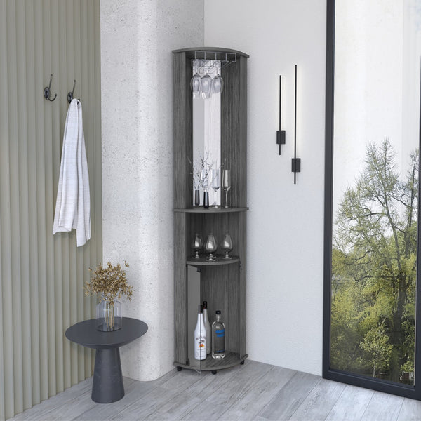 English Elm Nashville Corner Bar Cabinet with Wine Glass Rack, Mirrored Back, Three-Tier Shelves & Pine Craftsmanship Oak 42.1 L x 24.8 W x 5.5 H B097P167444