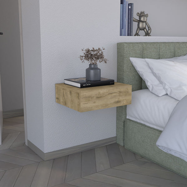English Elm Floating Nightstand Wall-Mounted Bedside Shelf with Drawer and Spacious Top Surface for Small Rooms Beige 20.07 L x 16.9 W x 3.54 H B097P167435