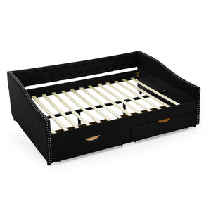 English Elm Queen Upholstery Daybed with Storage Drawers, Tufted Back & Nailhead Arms, 80"x60" Sleeper, 500lb Capacity Black W1413S00033