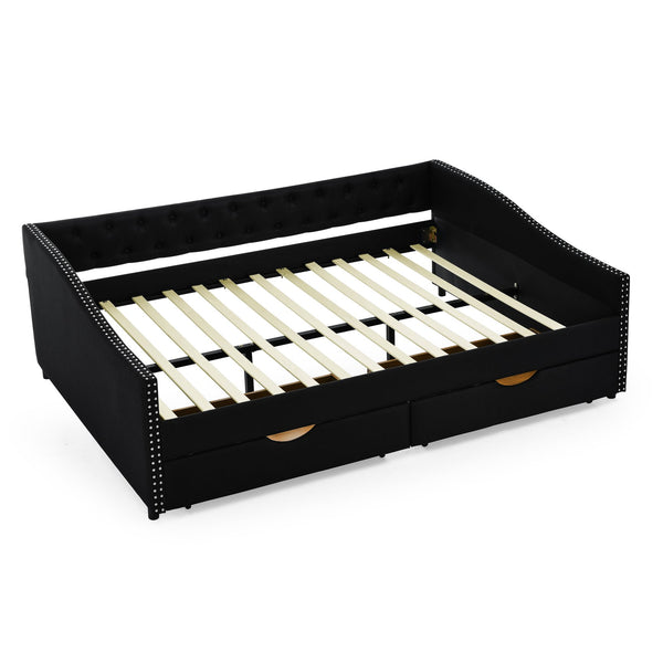 English Elm Queen Upholstery Daybed with Storage Drawers, Tufted Back & Nailhead Arms, 80"x60" Sleeper, 500lb Capacity Black W1413S00033