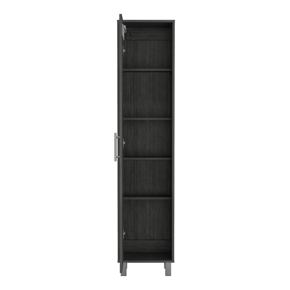 English Elm 70.8H" Tall Narrow Storage Cabinet with 5 Shelves, 3 Broom Hangers, Metal Legs for Entryway Oak 69.6 L x 20 W x 3.5 H B097P167440