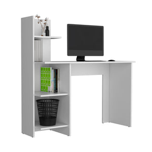 English Elm Writing Desk with Four Shelves in White Pine – 47" Wide Compact Modern Workstation for Monitors and Laptops B097P167448