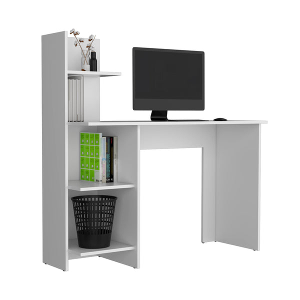 English Elm Writing Desk with Four Shelves in White Pine – 47" Wide Compact Modern Workstation for Monitors and Laptops B097P167448