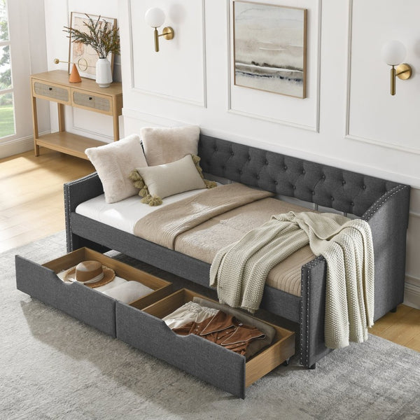 English Elm Twin Size Daybed With Stylish Drawers, Upholstered Tufted Design, Copper Nailhead Trim & Comfort Support W1413S00030-GIGA
