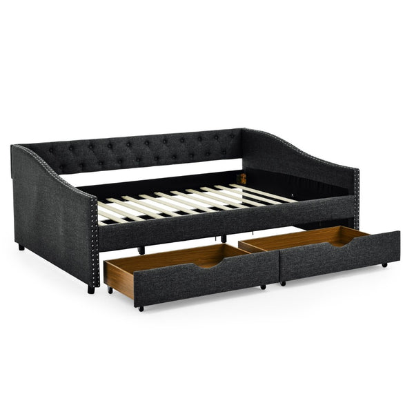English Elm Full Upholstered Tufted Daybed with Storage Drawers Mid-century Sofa Sleeper Dark Grey W1413S00190