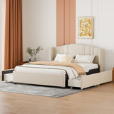 Kira Queen Upholstered Platform Bed, Beige - Wingback Headboard, 4 Drawers, Sturdy Support - No Box Spring Needed