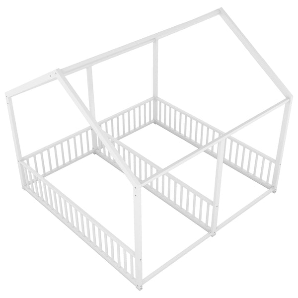 English Elm Metal Twin House Platform Bed with Guardrails and Playful Roof Window Design for Families Antique White MF307505AAK