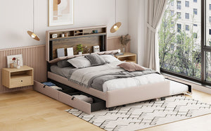 English Elm Full Upholstered Platform Bed with Hidden Headboard Storage, USB Ports, Trundle & 2 Drawers, Linen Durable Design Beige SF000120AAA