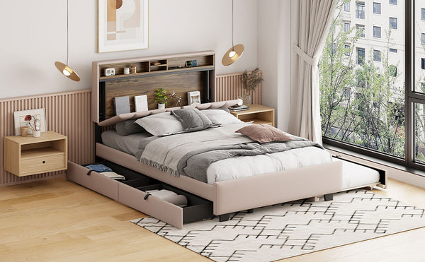 English Elm Full Upholstered Platform Bed with Hidden Headboard Storage, USB Ports, Trundle & 2 Drawers, Linen Durable Design Beige SF000120AAA