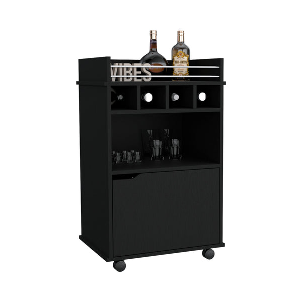 English Elm DEPOT Sims 35" H Bar Cart with 2 Shelves, 4 Wine Cubbies & Cabinet in Black — Compact 35"H organizer B097P167416