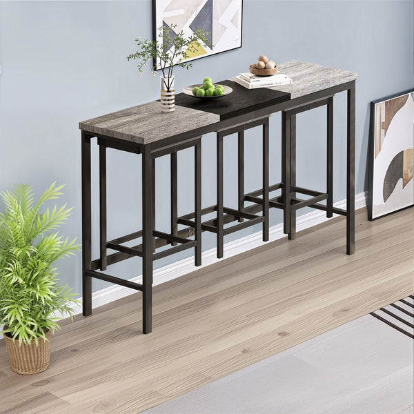 English Elm Modern Long Dining Table Set with Hanging Stools, Space-Saving MDF Top, Iron Frame Durability and Style Black+Gery W757P314434