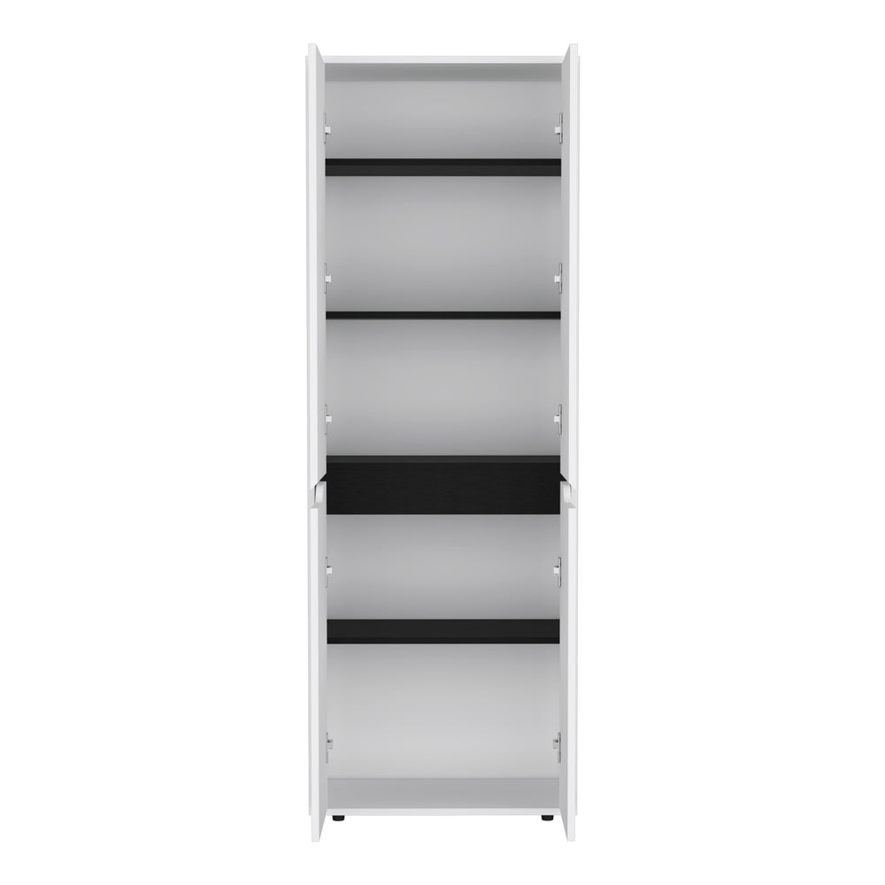 English Elm 67"H Pine Kitchen Storage Cabinet with 4 Doors, 5 Shelves, White & Black Finish - Slim 23.6" W Design, Durable Laminated Particle Board B097P167411