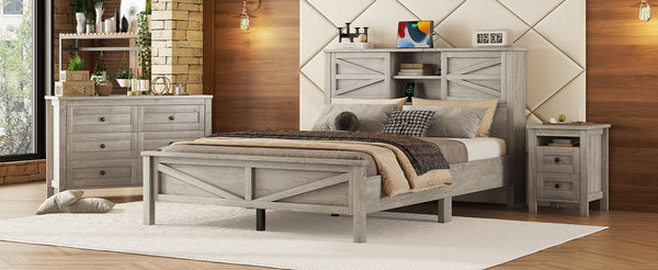 English Elm 3-Pieces Bedroom Set Full Size Farmhouse Platform Bed with Storage Headboard, Nightstand & Dresser Antique Gray 46.25 L x 9.25 W x 9 H N733S369037G