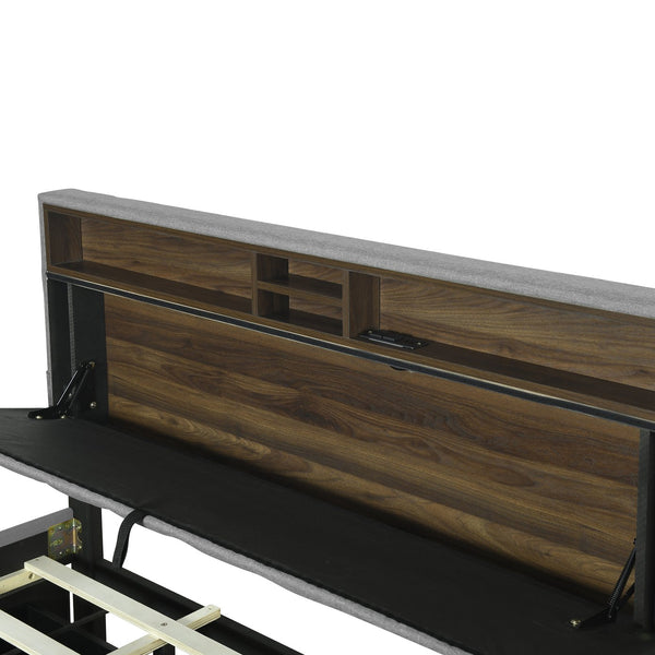 English Elm Queen Upholstered Platform Bed with Hidden Headboard Storage, USB Ports, Trundle & Dual Drawers Gray SF000121AAE
