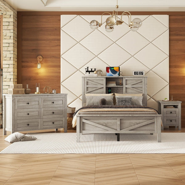 English Elm 3-Pieces Bedroom Set Full Size Farmhouse Platform Bed with Storage Headboard, Nightstand & Dresser Antique Gray 59.25 L x 18.31 W x 8.27 H N733S369048G