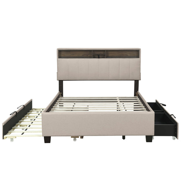 English Elm Full Upholstered Platform Bed with Hidden Headboard Storage, USB Ports, Trundle & 2 Drawers, Linen Durable Design Beige SF000120AAA