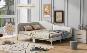 English Elm Full Full Size Upholstered Daybed with Headboard and Armrest, Linen-Blend Fabric, Solid Pine Frame, Guardrails for Guests and Lounging Beige WF318303AAM