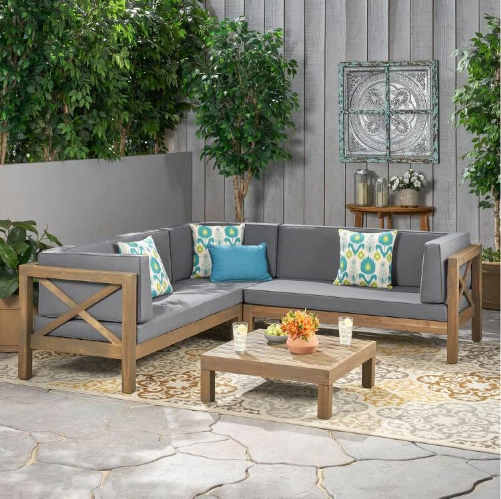 English Elm Brava Acacia Wood Outdoor Modular Sofa Set Mid-century Slatted Cross-back Patio Seating 57967-8-64489DGY-64496GRY