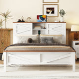 Queen Brown Farmhouse Platform Bed, Sliding Barn Door, Charging Station