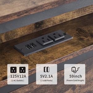 English Elm Queen Industrial Bed Frame with Led Headboard Shelf Charging Ports and Metal Slat Base W1903P151337