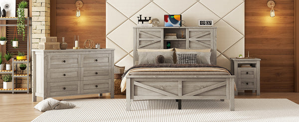 English Elm 3-Pieces Bedroom Set Full Size Farmhouse Platform Bed with Storage Headboard, Nightstand & Dresser Antique Gray 59.25 L x 18.31 W x 8.27 H N733S369048G