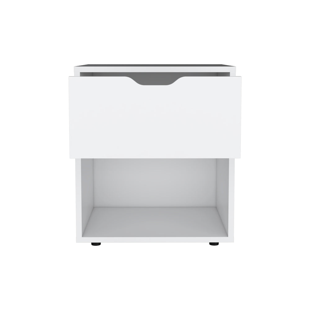 English Elm DEPOT Adak 19.7" H Nightstand End Table in White — Compact Pine Look, 1 Drawer & Open Shelf, Durable Finish B097P167406