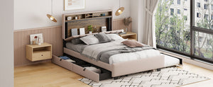 English Elm Full Upholstered Platform Bed with Hidden Headboard Storage, USB Ports, Trundle & 2 Drawers, Linen Durable Design Beige SF000120AAA