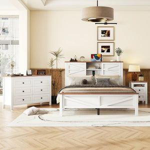 English Elm 3-Pieces Bedroom Set Full Size Farmhouse Platform Bed with Storage Headboard, Nightstand & Dresser White 46.25 L x 9.25 W x 9 H N733S369037K