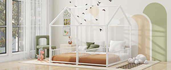 English Elm Metal Twin House Platform Bed with Guardrails and Playful Roof Window Design for Families Antique White MF307505AAK