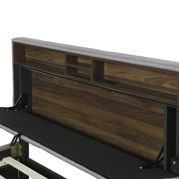 English Elm Full Upholstered Platform Bed with Hidden Headboard Storage, USB Ports, Trundle & 2 Drawers, Linen Durable Design Gray SF000120AAE
