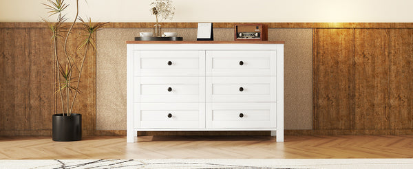 English Elm Retro Vintage Farmhouse Dresser with 6 Deep Drawers for Bedroom Storage, Durable Wooden Design White 59.84 L x 18.31 W x 12.6 H WF317946AAK