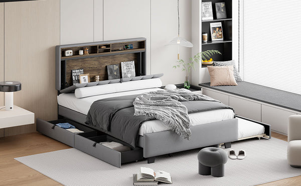 English Elm Full Upholstered Platform Bed with Hidden Headboard Storage, USB Ports, Trundle & 2 Drawers, Linen Durable Design Gray SF000120AAE