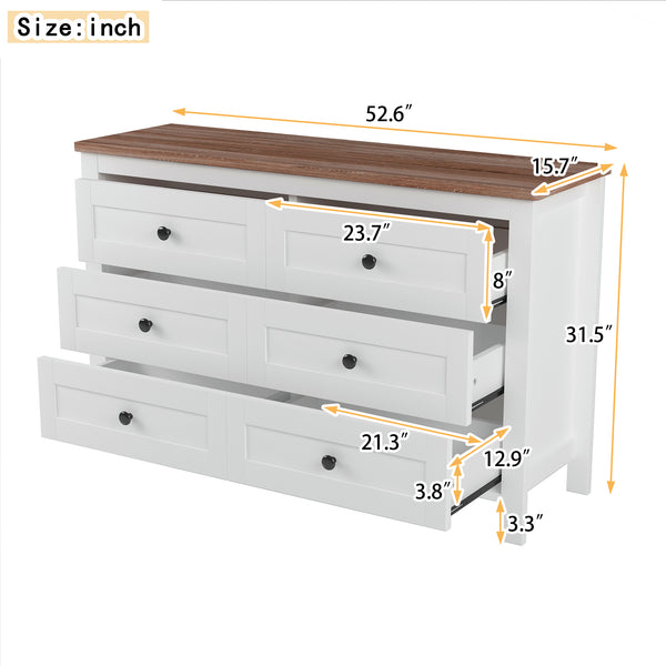 English Elm Retro Vintage Farmhouse Dresser with 6 Deep Drawers for Bedroom Storage, Durable Wooden Design White 59.84 L x 18.31 W x 12.6 H WF317946AAK