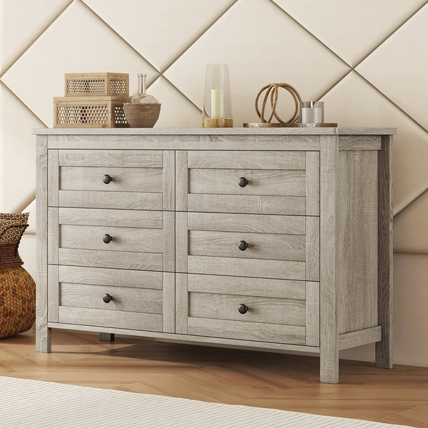 English Elm Retro Vintage Farmhouse Dresser with 6 Deep Drawers for Bedroom Storage, Durable Wooden Design Antique Gray 59.84 L x 18.31 W x 12.6 H WF317946AAG