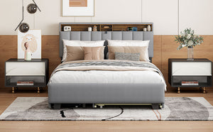 English Elm Queen Upholstered Platform Bed with Hidden Headboard Storage, USB Ports, Trundle & Dual Drawers Gray SF000121AAE