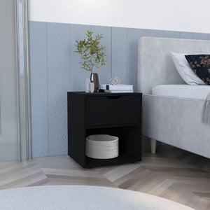 English Elm 19.7" High Nightstand End Table with Drawer & Open Shelf, Compact Black Pine Finish for Small Spaces B097P167408