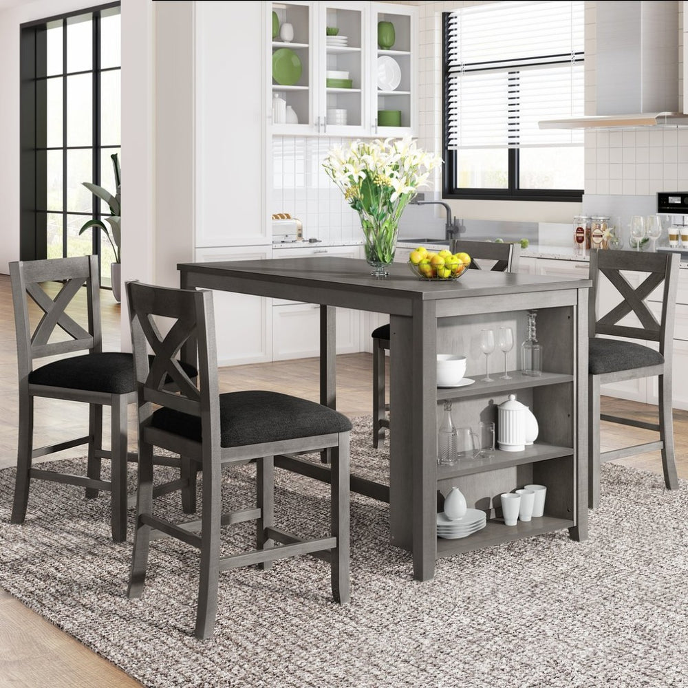 English Elm Topmax Rustic Farmhouse Counter Dining Set Rubberwood Table Shelf and 4 Cushioned Chairs N717S001135E