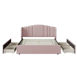 English Elm Upholstered Platform Bed With Wingback Headboard and 4 Drawers, No Box Spring Needed, Linen Fabric, Queen Size Pink