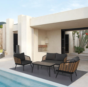 English Elm 4 Piece Patio Rattan Set with High-Rebound Cushions and Wood-Grain Tempered Glass Tabletop, Stylish Outdoor Conversation Sofa for Garden Balcony Poolside Black+Natural W2337S00003