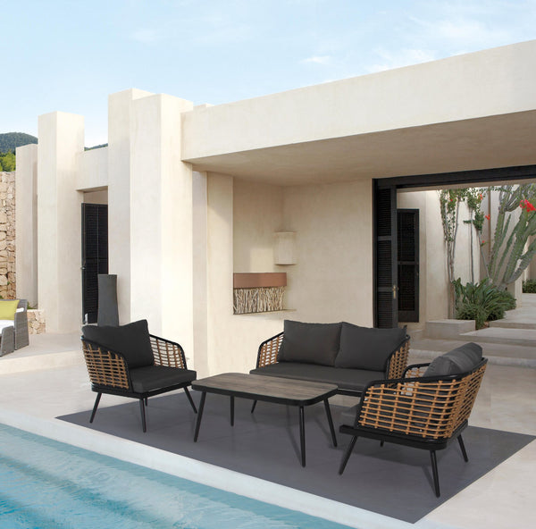 English Elm 4 Piece Patio Rattan Set with High-Rebound Cushions and Wood-Grain Tempered Glass Tabletop, Stylish Outdoor Conversation Sofa for Garden Balcony Poolside Black+Natural W2337S00003